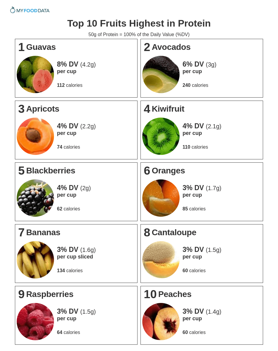 A one-page printable of fruits high in protein including guavas, avocados, apricots, kiwifruit, blackberries, oranges, bananas, cantaloupe, raspberries, and peaches.