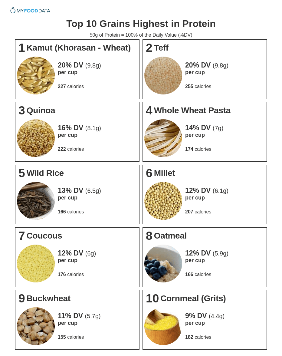 Printable list of grains high in protein.