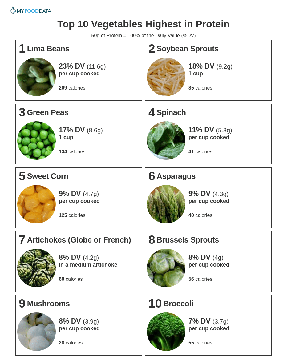 Printable list of vegetables high in protein.